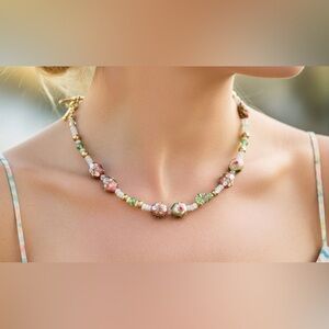 A cloisonné floral design necklace,toggle clasp w/gold, glass & crystal beads.